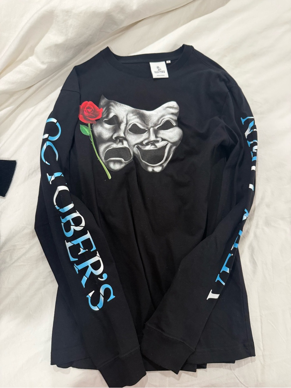 Black Long-Sleeve OVO Graphic Shirt with Theatrical Mask and Rose